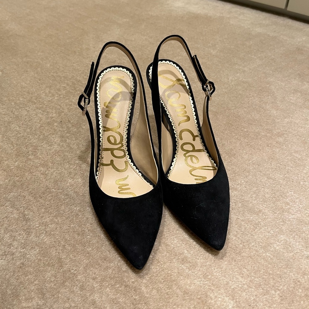 Sam Edelman suede sling back heels in black. Size 7.5. Excellent condition.